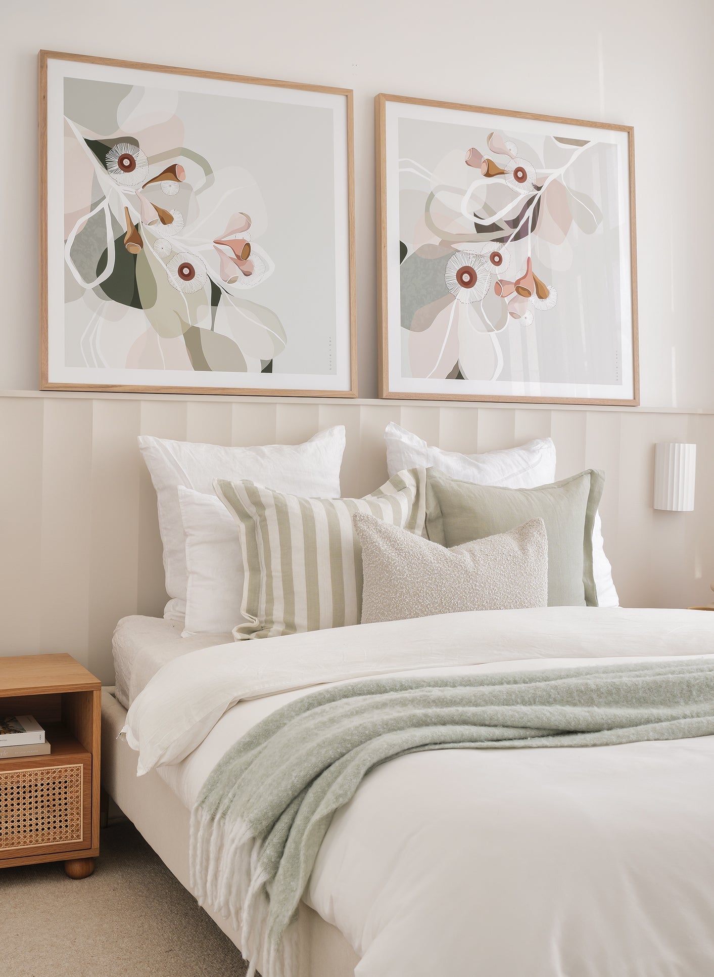 Booie and Ben - Botanical Artwork - Pair Eucalypt Bloom Sage - Bedroom - Left Side