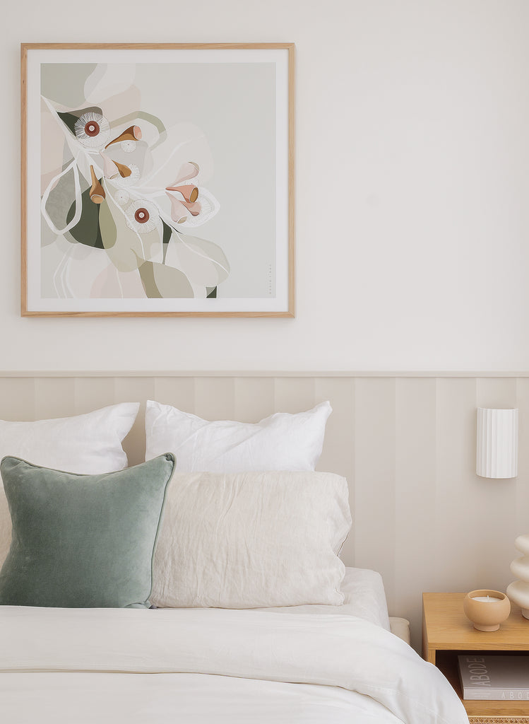 Booie and Ben - Botanical Artwork - Eucalypt Bloom 1 Sage - Bedroom - Front Right - With Bed Side Table