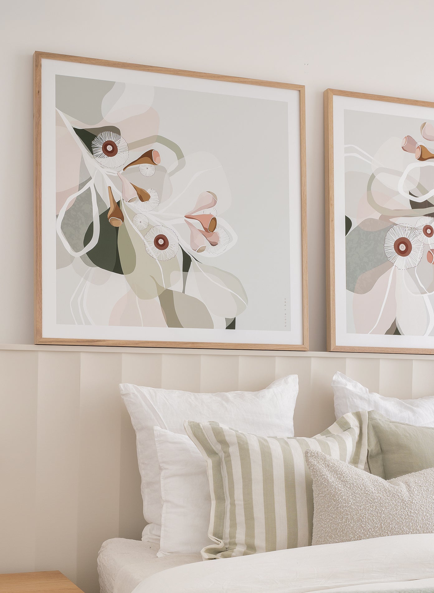 Booie and Ben - Botanical Artwork - Pair Eucalypt Bloom Sage - Bedroom - Left Side - Pillows