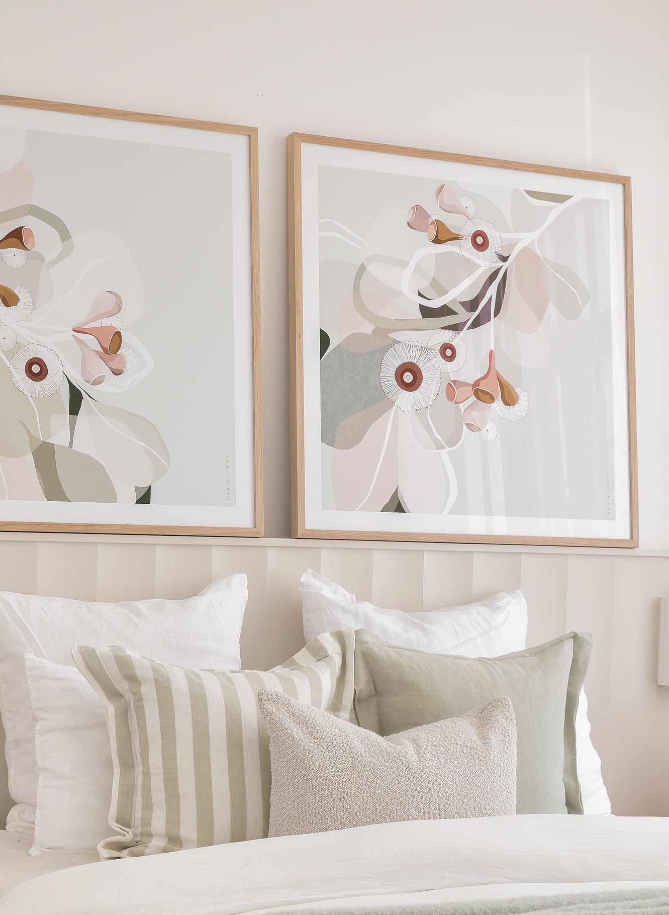 Booie and Ben - Botanical Artwork - Pair Eucalypt Bloom Sage - Bedroom - Left Side Close