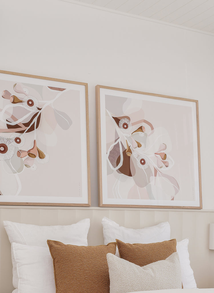 Booie and Ben - Botanical Artwork - Pair Eucalypt Bloom Terracotta - Bedroom - Right Side