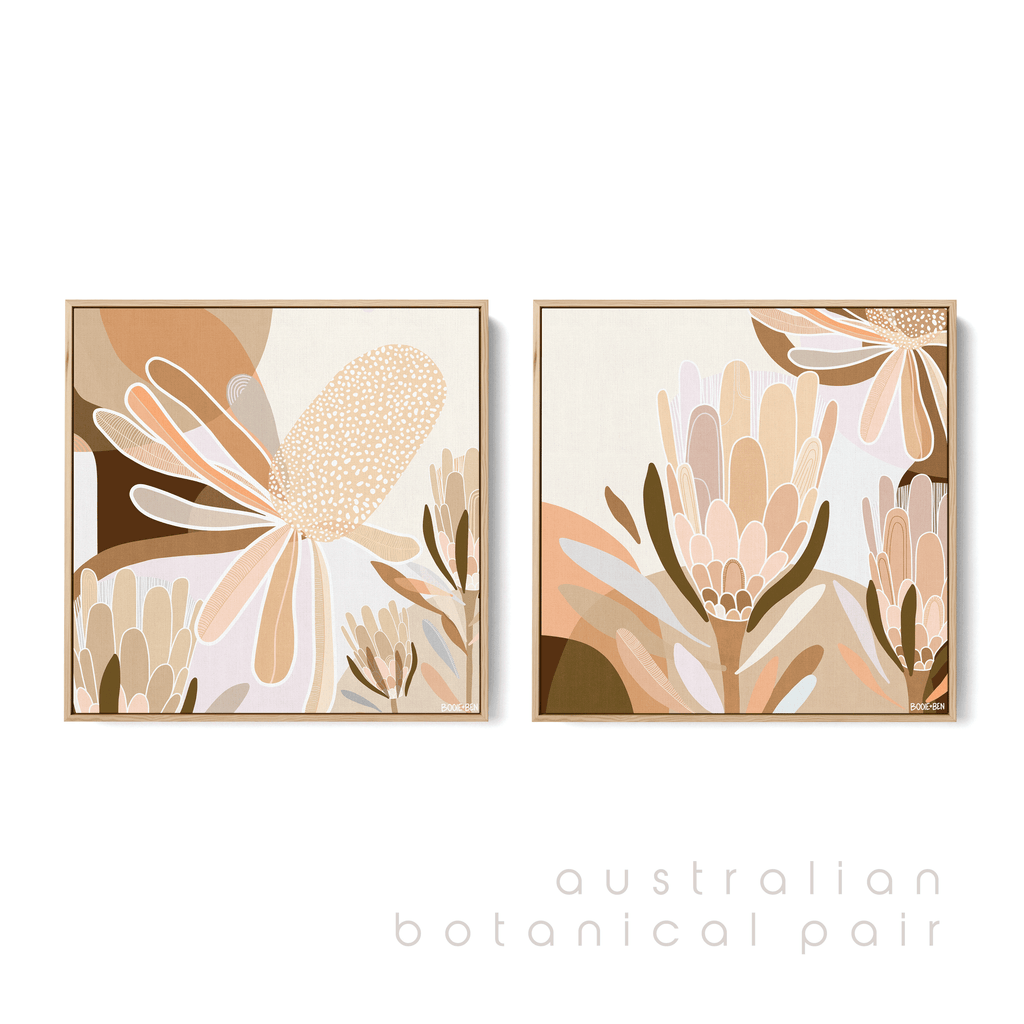 Booie and Ben - Botanical Artwork - Australian Botanical Banksia and Protea Pair - Canvas in Oak Frame